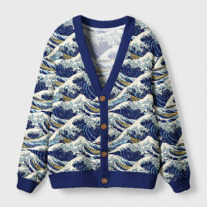 Front view of the Japanese Great Wave Cardigan Sweater featuring a vibrant blue wave pattern.