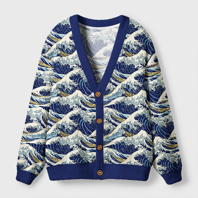 Japanese Great Wave Cardigan Sweater Front view of the Japanese Great Wave Cardigan Sweater featuring a vibrant blue wave pattern.