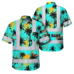 Front view of blue neon flowers hi vis Hawaiian shirt with vibrant palm tree design.