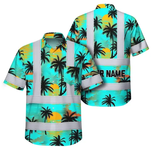 Blue Neon Flowers Hi Vis Hawaiian Shirt Hanging display of the blue neon flowers hi vis Hawaiian shirt against a tropical background.