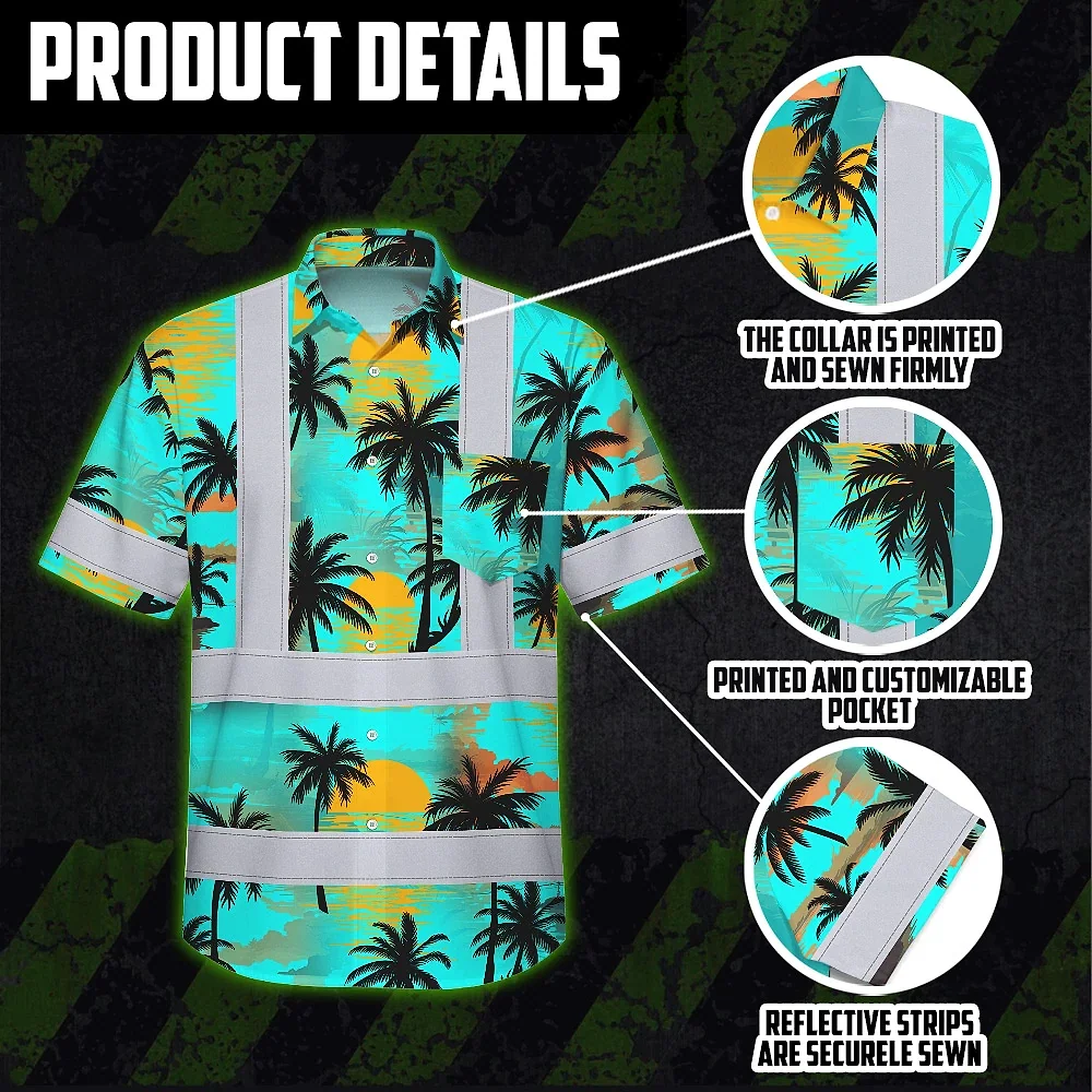 Blue Neon Flowers Hi Vis Hawaiian Shirt Flat lay of the blue neon flowers hi vis Hawaiian shirt, emphasizing the bright floral design.