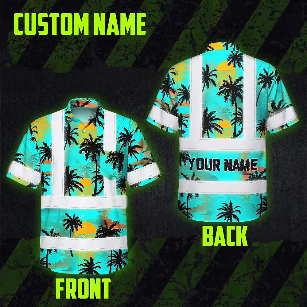 Blue Neon Flowers Hi Vis Hawaiian Shirt Back view showcasing custom name on the blue neon flowers hi vis Hawaiian shirt.