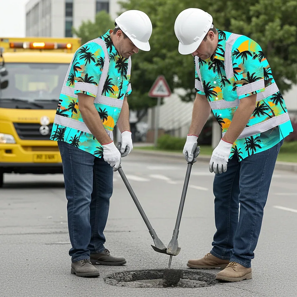 Blue Neon Flowers Hi Vis Hawaiian Shirt Side angle of the blue neon flowers hi vis Hawaiian shirt displaying its unique color scheme.