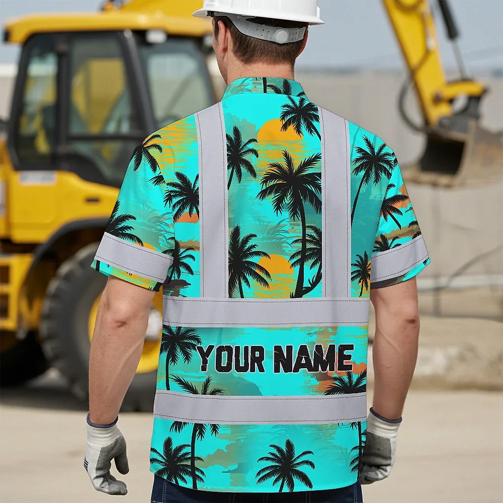 Blue Neon Flowers Hi Vis Hawaiian Shirt Lifestyle shot of the blue neon flowers hi vis Hawaiian shirt worn at a beach setting.