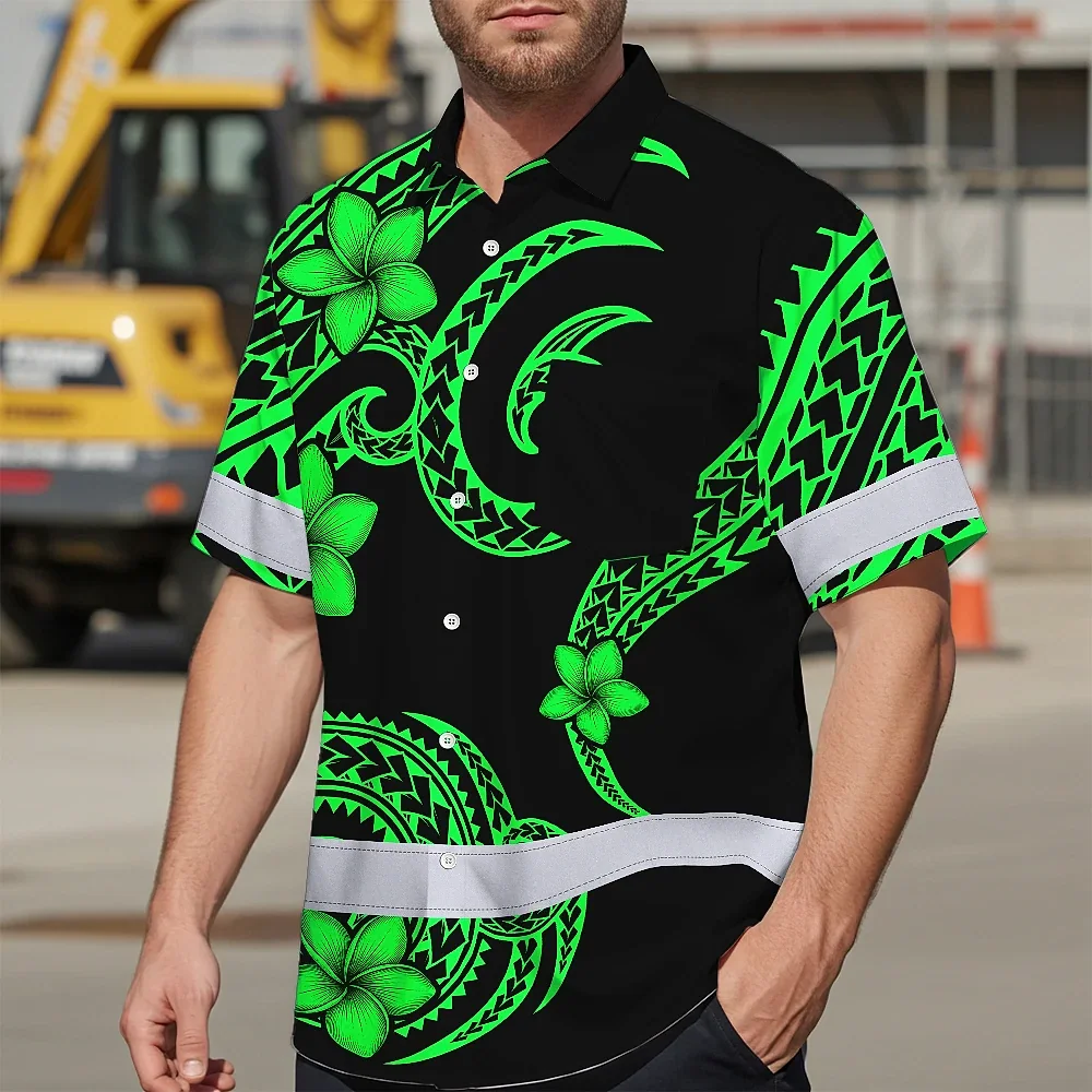 Green Black Polynesian Custom Name Hi Vis Hawaiian Shirt Close-up detail of the floral patterns on the green black Polynesian custom name hi vis Hawaiian shirt.