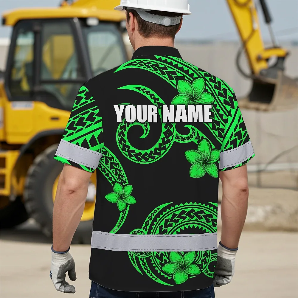 Green Black Polynesian Custom Name Hi Vis Hawaiian Shirt Lifestyle shot of a model wearing the green black Polynesian custom name hi vis Hawaiian shirt at a beach.