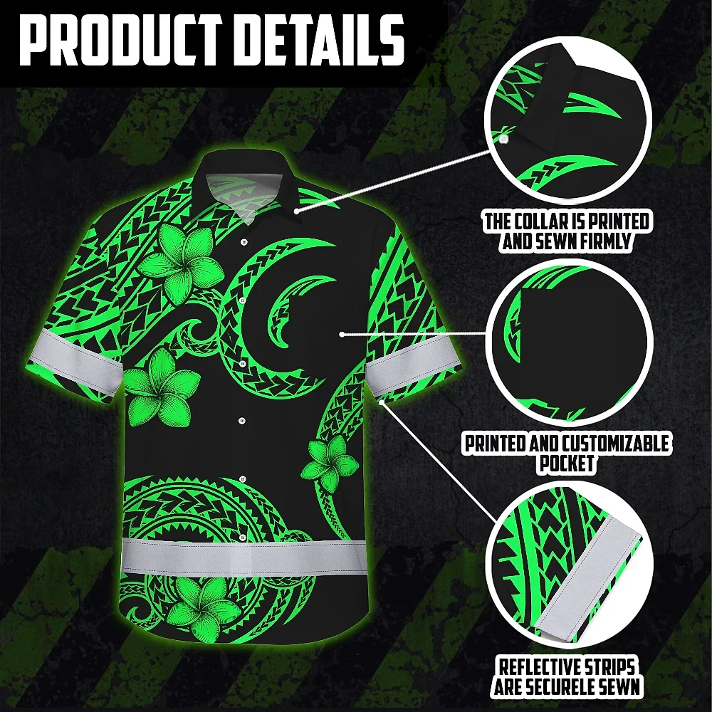 Green Black Polynesian Custom Name Hi Vis Hawaiian Shirt Flat lay of the green black Polynesian custom name hi vis Hawaiian shirt displaying its intricate patterns.