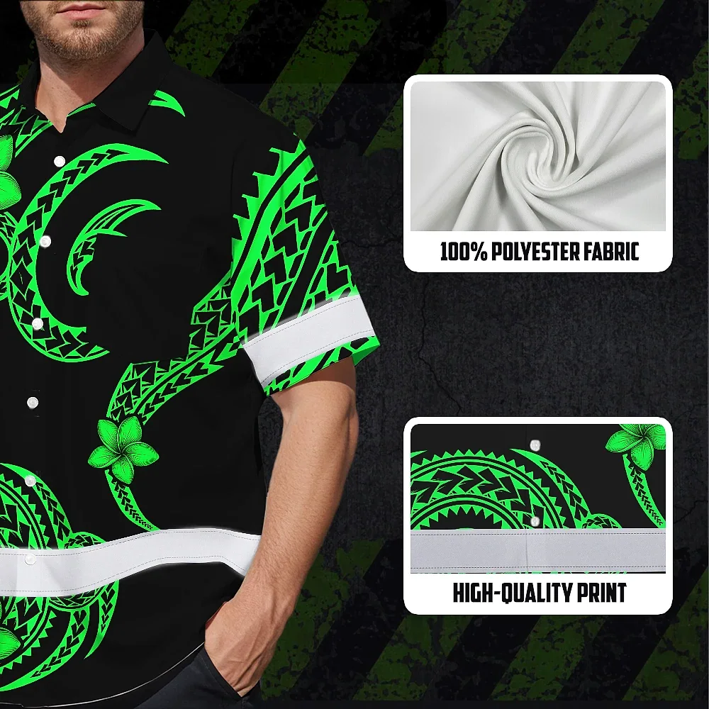 Green Black Polynesian Custom Name Hi Vis Hawaiian Shirt Model wearing the green black Polynesian custom name hi vis Hawaiian shirt while enjoying a summer picnic.