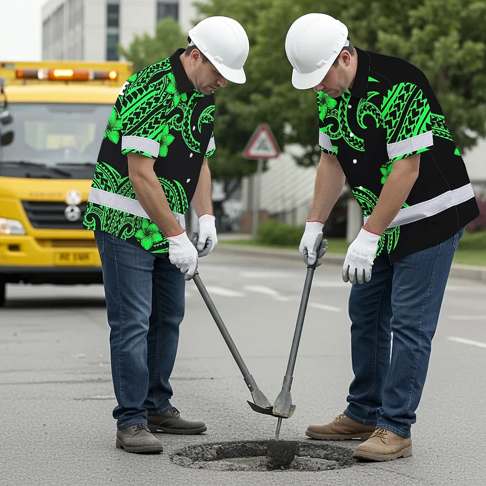 Green Black Polynesian Custom Name Hi Vis Hawaiian Shirt Side angle of the green black Polynesian custom name hi vis Hawaiian shirt highlighting the unique design.