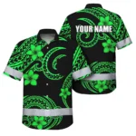 Front view of the green black Polynesian custom name hi vis Hawaiian shirt featuring vibrant floral patterns.