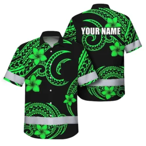 Front view of the green black Polynesian custom name hi vis Hawaiian shirt featuring vibrant floral patterns.