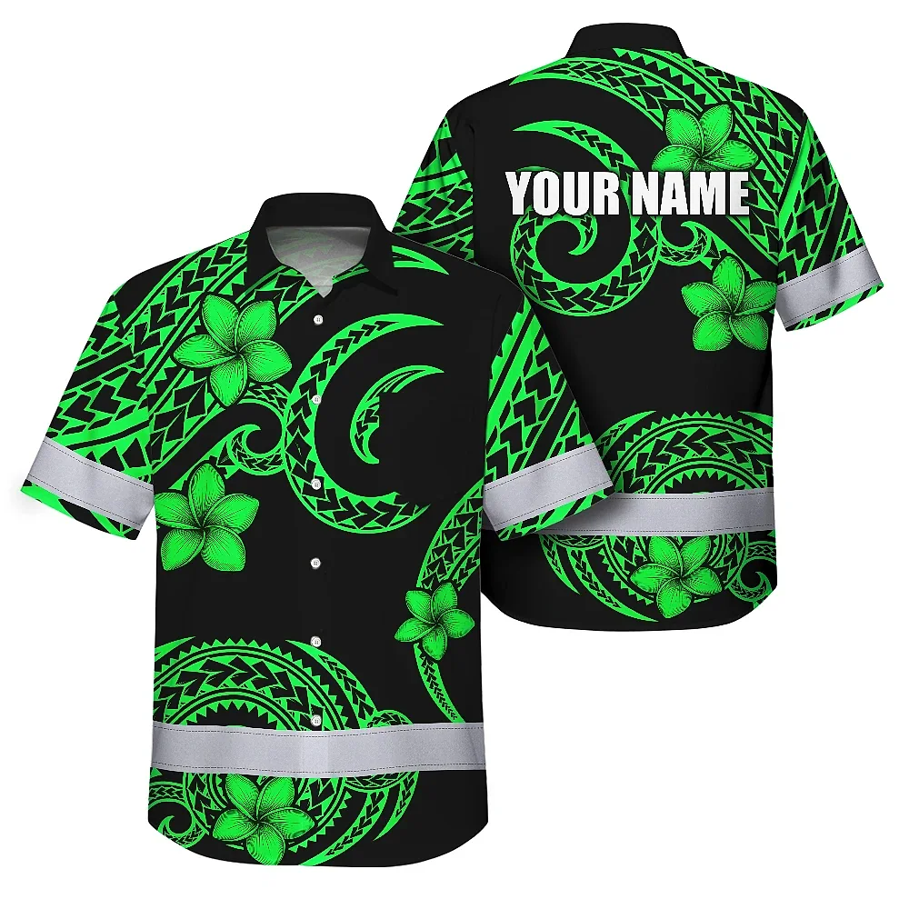 Green Black Polynesian Custom Name Hi Vis Hawaiian Shirt Front view of the green black Polynesian custom name hi vis Hawaiian shirt featuring vibrant floral patterns.