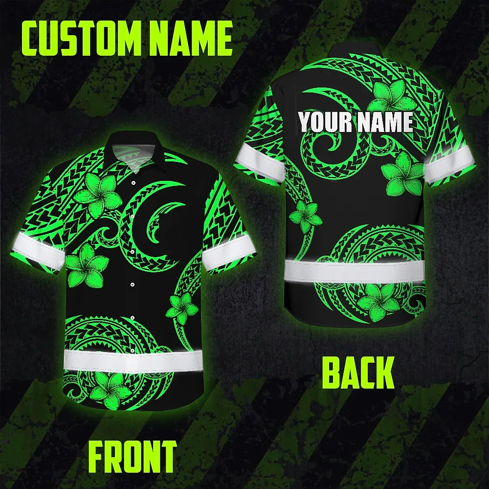 Green Black Polynesian Custom Name Hi Vis Hawaiian Shirt Back view showcasing the bold design of the green black Polynesian custom name hi vis Hawaiian shirt.