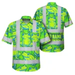 Front view of the green neon blue frog shirt showcasing vibrant frog design and hi-vis details.