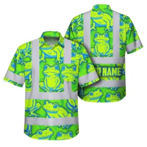 Front view of the green neon blue frog shirt showcasing vibrant frog design and hi-vis details.