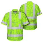 Front view of a green neon flowers Hawaiian shirt with bold floral designs and reflective strips.