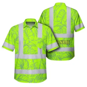 Front view of a green neon flowers Hawaiian shirt with bold floral designs and reflective strips.