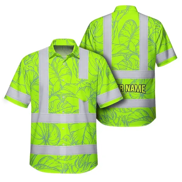 Green Neon Flowers Hawaiian Shirt Full view of the green neon flowers Hawaiian shirt on a mannequin, highlighting its vibrant color and fit.