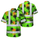 Front view of green neon flowers custom name hi vis Hawaiian shirt with vibrant palm tree design and bright colors.