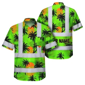 Front view of green neon flowers custom name hi vis Hawaiian shirt with vibrant palm tree design and bright colors.