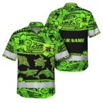 Front view of the green neon Polynesian tribal hi vis shirt featuring vibrant floral patterns.