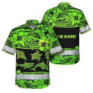 Front view of the green neon Polynesian tribal hi vis shirt featuring vibrant floral patterns.