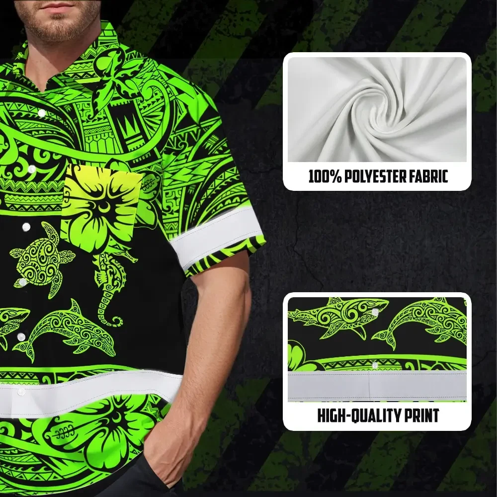 Green Neon Polynesian Tribal Hi Vis Hawaiian Shirt Model wearing the green neon Polynesian tribal hi vis shirt in a tropical setting, perfect for summer.
