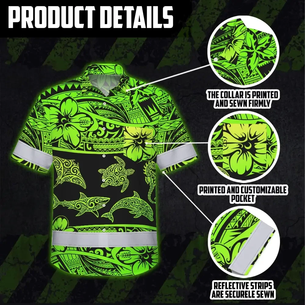 Green Neon Polynesian Tribal Hi Vis Hawaiian Shirt Detail shot of the green neon Polynesian tribal hi vis shirt highlighting intricate tribal designs.
