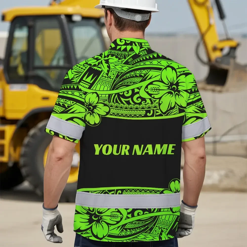 Green Neon Polynesian Tribal Hi Vis Hawaiian Shirt Side view of the green neon Polynesian tribal hi vis shirt emphasizing its bold tropical graphics.