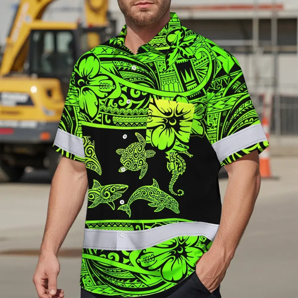 Green Neon Polynesian Tribal Hi Vis Hawaiian Shirt Close-up of the sleeve on the green neon Polynesian tribal hi vis shirt, featuring reflective strips.