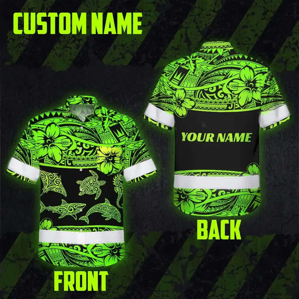 Green Neon Polynesian Tribal Hi Vis Hawaiian Shirt Back angle showcasing the green neon Polynesian tribal hi vis shirt with custom name print.