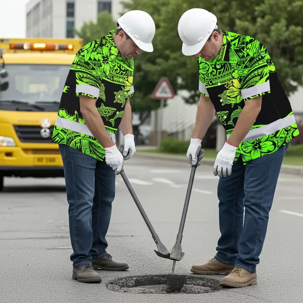 Green Neon Polynesian Tribal Hi Vis Hawaiian Shirt Flat lay of the green neon Polynesian tribal hi vis shirt with accessories for a stylish summer outfit.