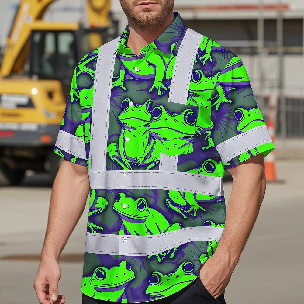 Green Neon Violet Frog Hi Vis Hawaiian Shirt Close-up detail of the green neon violet frog hi vis Hawaiian shirt highlighting its bright colors and patterns.