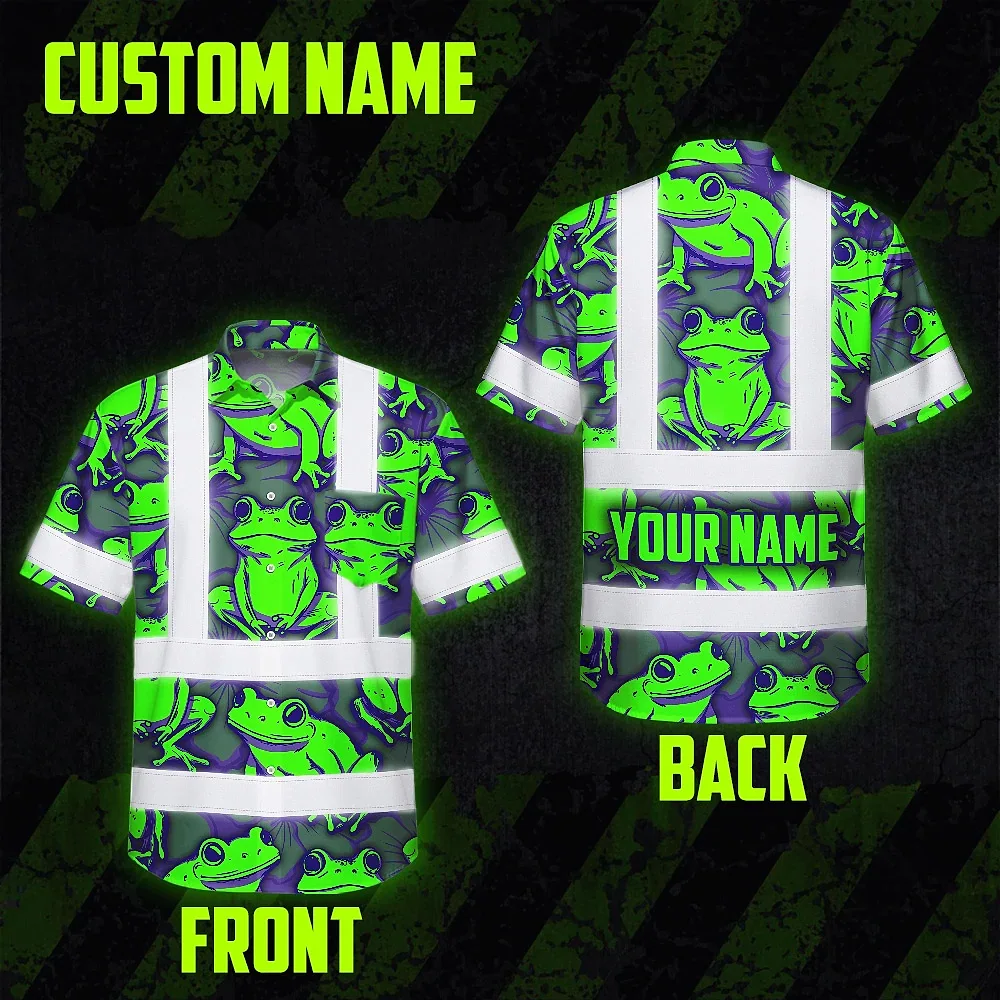 Green Neon Violet Frog Hi Vis Hawaiian Shirt Back view of the green neon violet frog hi vis Hawaiian shirt showcasing personalized name area.