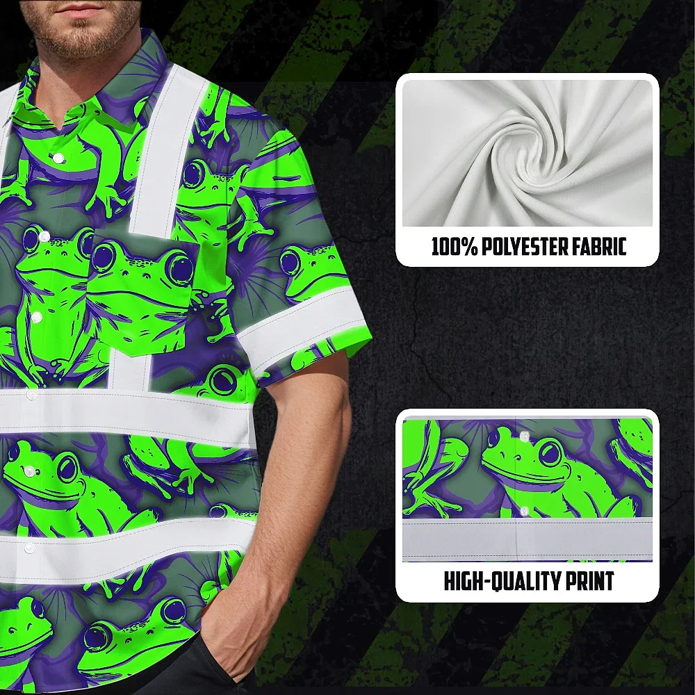 Green Neon Violet Frog Hi Vis Hawaiian Shirt Interior tag of the green neon violet frog hi vis Hawaiian shirt showing brand and care instructions.