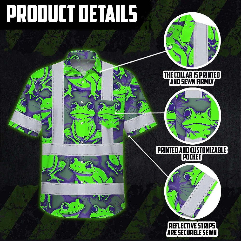 Green Neon Violet Frog Hi Vis Hawaiian Shirt Flat lay of the green neon violet frog hi vis Hawaiian shirt with tropical accessories for a fun vibe.