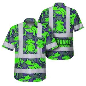 Front view of the green neon violet frog hi vis Hawaiian shirt with vibrant frog design.