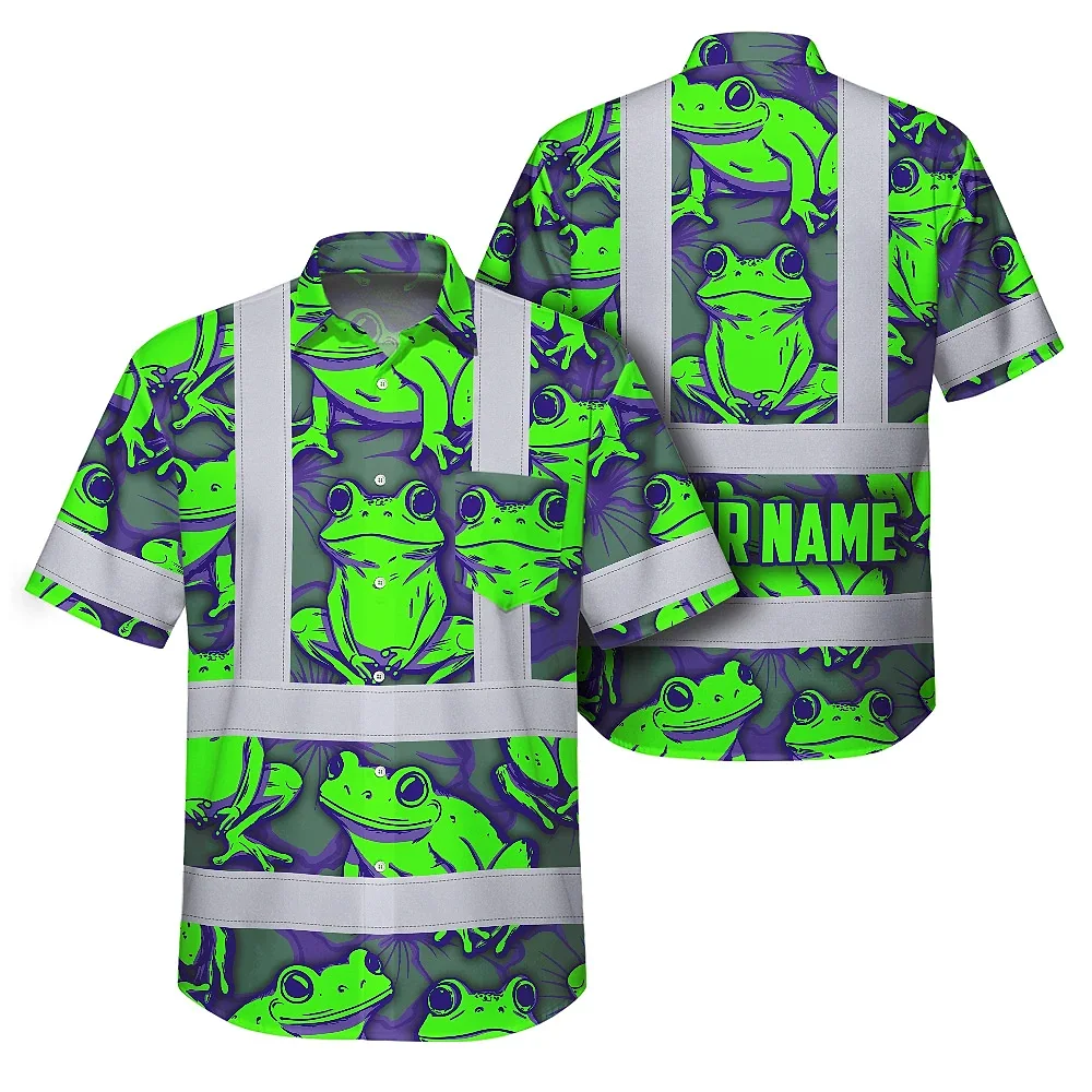 Green Neon Violet Frog Hi Vis Hawaiian Shirt Front view of the green neon violet frog hi vis Hawaiian shirt with vibrant frog design.