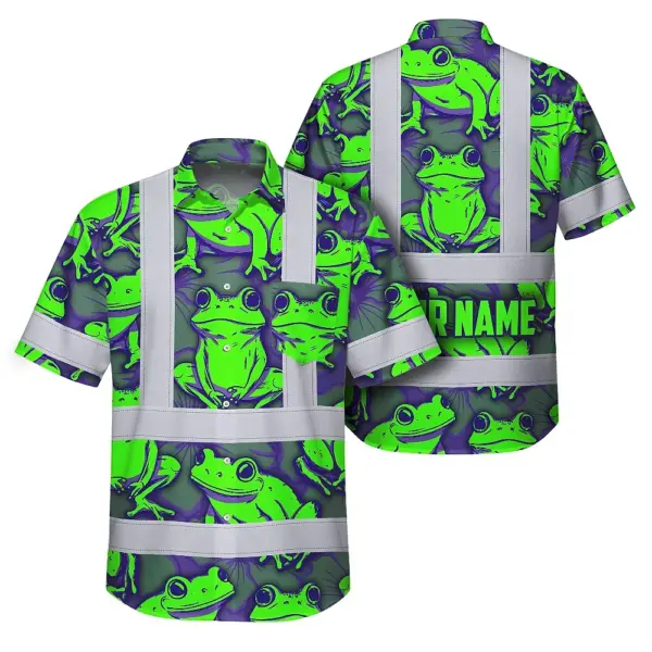 Green Neon Violet Frog Hi Vis Hawaiian Shirt Casual outdoor scene featuring the green neon violet frog hi vis Hawaiian shirt against a lush background.