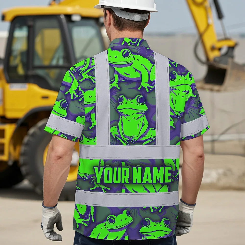 Green Neon Violet Frog Hi Vis Hawaiian Shirt Model wearing the green neon violet frog hi vis Hawaiian shirt at a beach, emphasizing its vibrant design.