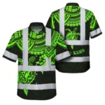Front view of the green turtle flower polynesian tribal shirt showcasing vibrant green designs.
