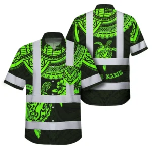 Front view of the green turtle flower polynesian tribal shirt showcasing vibrant green designs.