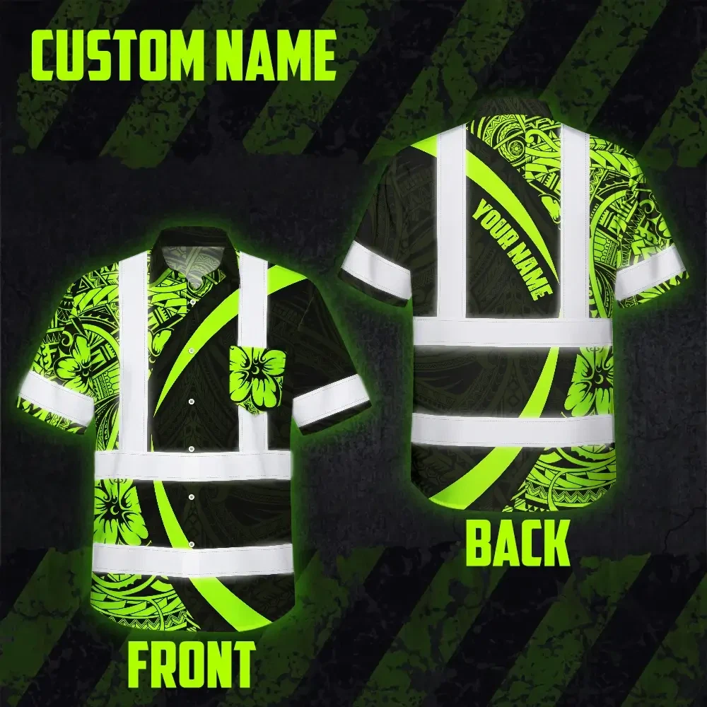 Polynesian Tribal Hi Vis Hawaiian Shirt Back angle of the polynesian tribal hi vis Hawaiian shirt showcasing reflective stripes and custom name option.