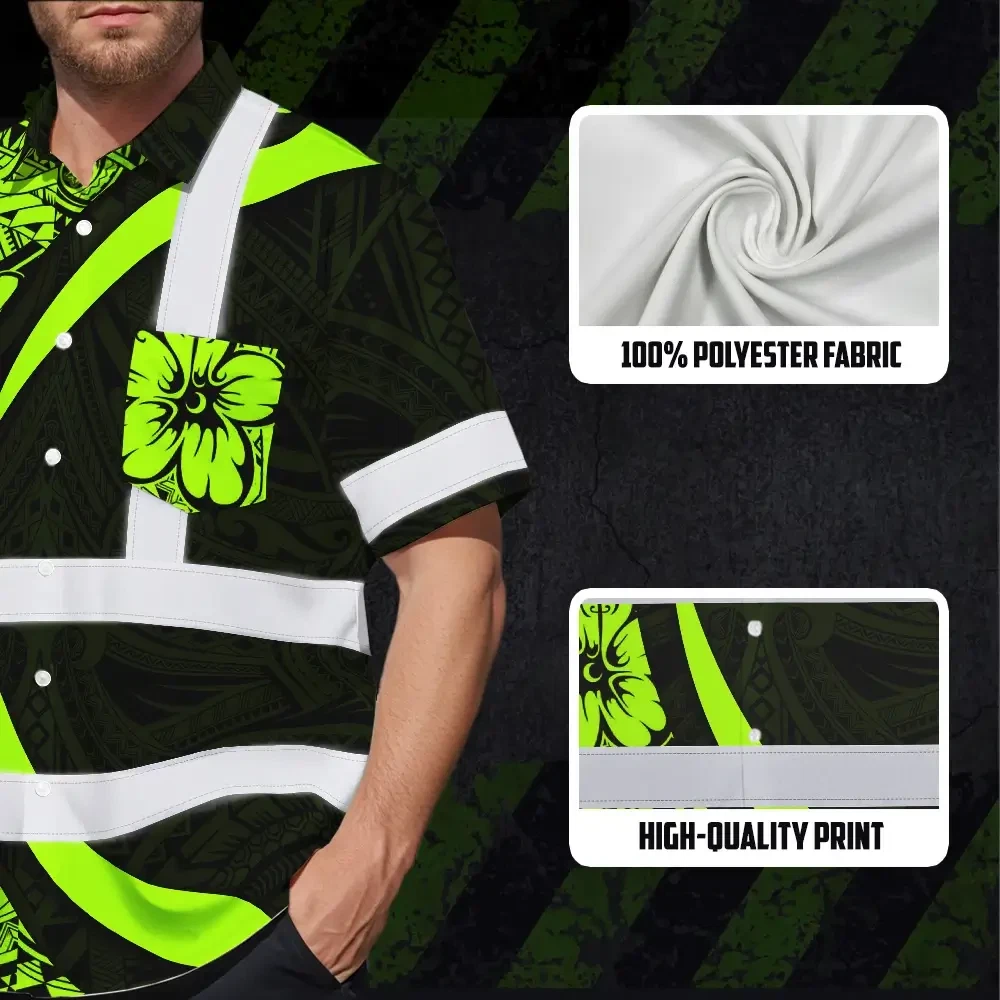 Polynesian Tribal Hi Vis Hawaiian Shirt Lifestyle shot of a person wearing the polynesian tribal hi vis Hawaiian shirt outdoors, highlighting comfort and style.