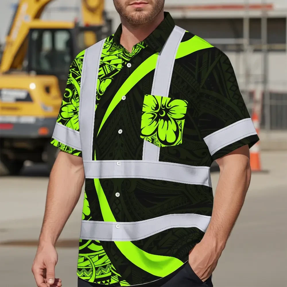 Polynesian Tribal Hi Vis Hawaiian Shirt Side view of the polynesian tribal hi vis Hawaiian shirt revealing the unique blend of colors and patterns.