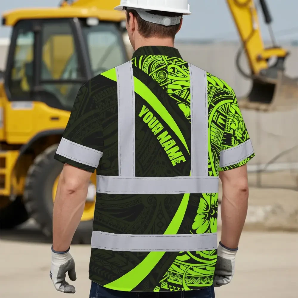 Polynesian Tribal Hi Vis Hawaiian Shirt Flat lay of the polynesian tribal hi vis Hawaiian shirt, emphasizing its bold design and high visibility features.