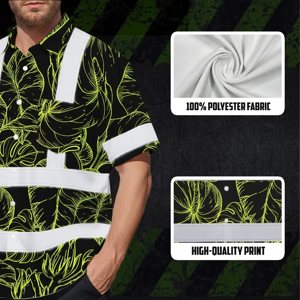 Lime Neon Flowers Custom Name Hi Vis Hawaiian Shirt Lifestyle image featuring a model wearing the lime neon flowers custom name hi vis Hawaiian shirt in an outdoor setting.