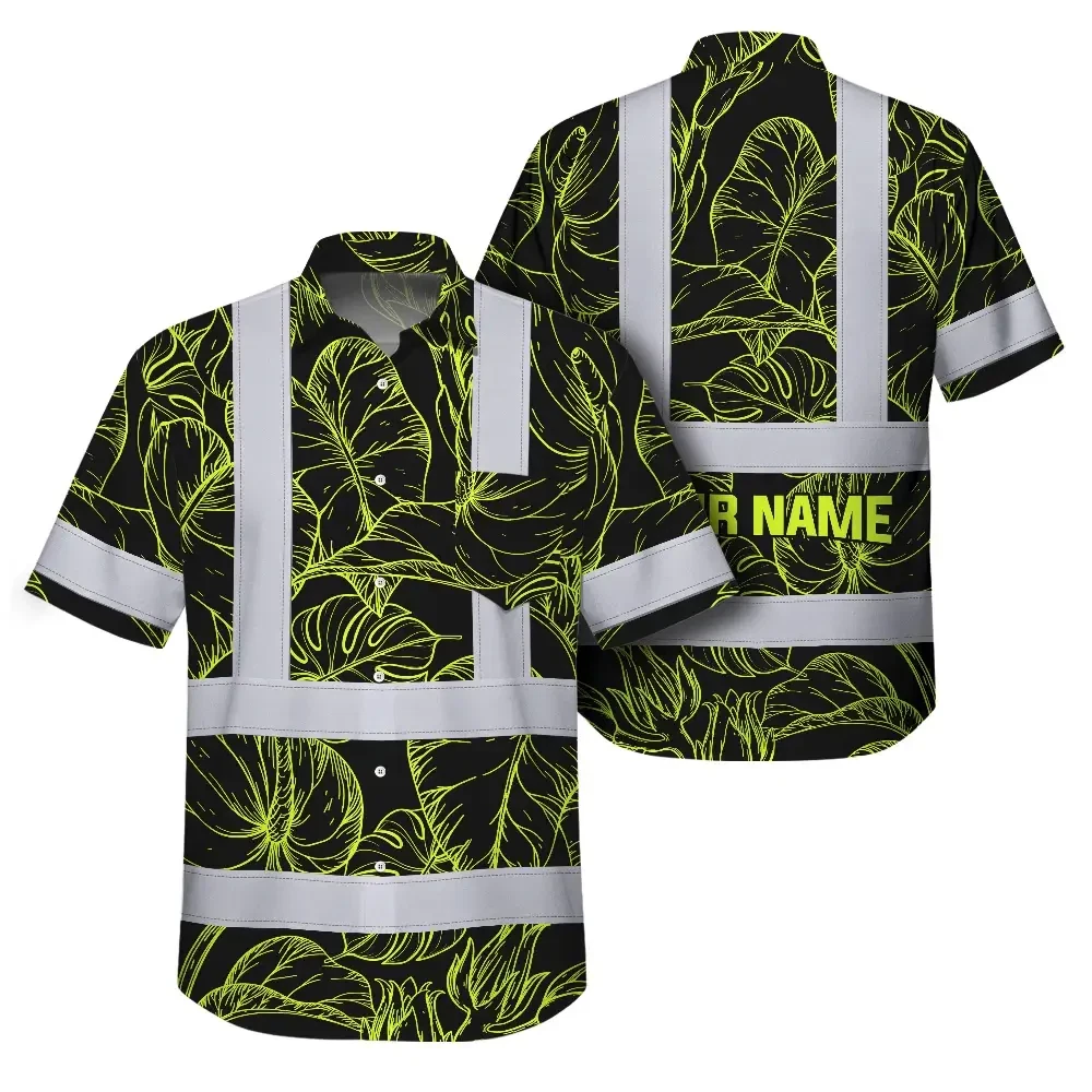 Lime Neon Flowers Custom Name Hi Vis Hawaiian Shirt Front view of the lime neon flowers custom name hi vis Hawaiian shirt with bold leaf patterns.