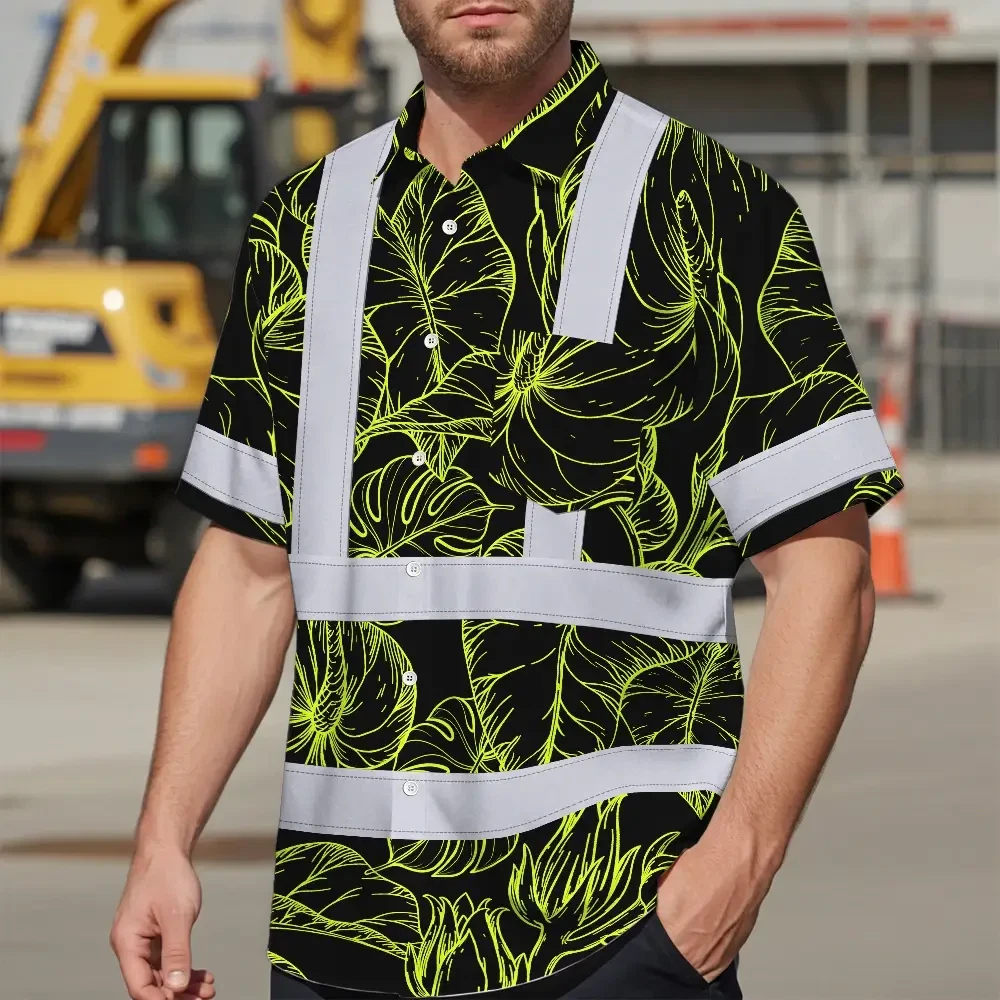 Lime Neon Flowers Custom Name Hi Vis Hawaiian Shirt Close-up of the lime neon flowers custom name hi vis Hawaiian shirt's fabric texture and bright colors.