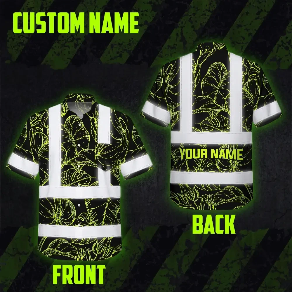 Lime Neon Flowers Custom Name Hi Vis Hawaiian Shirt Back view showcasing the lime neon flowers custom name hi vis Hawaiian shirt's unique design and reflective strips.